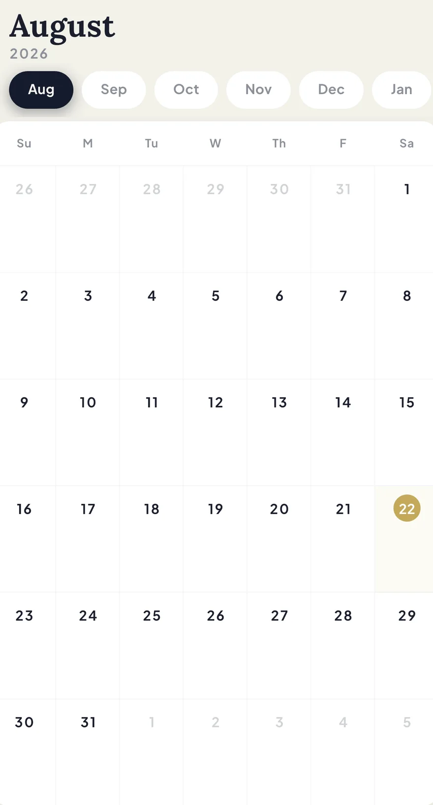 Calendar month view with today highlighted