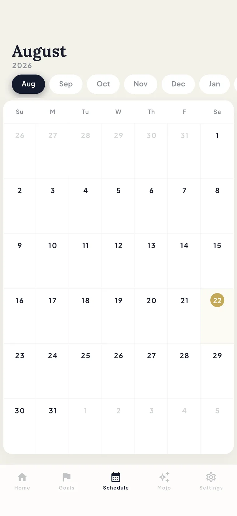 ProtoHabit Schedule tab showing an August month grid with today highlighted in gold