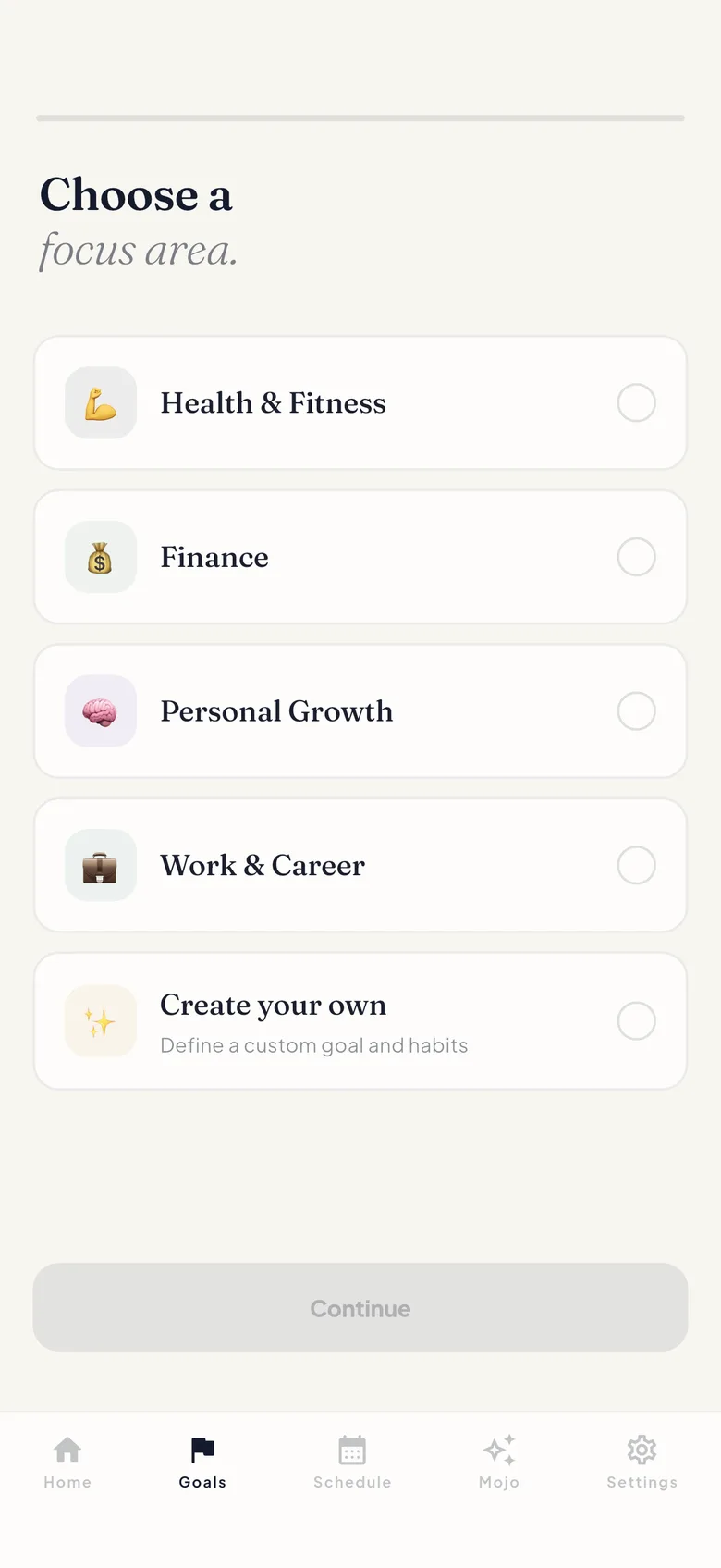ProtoHabit goal builder asking you to choose a focus area: Health & Fitness, Finance, Personal Growth, Work & Career, or create your own