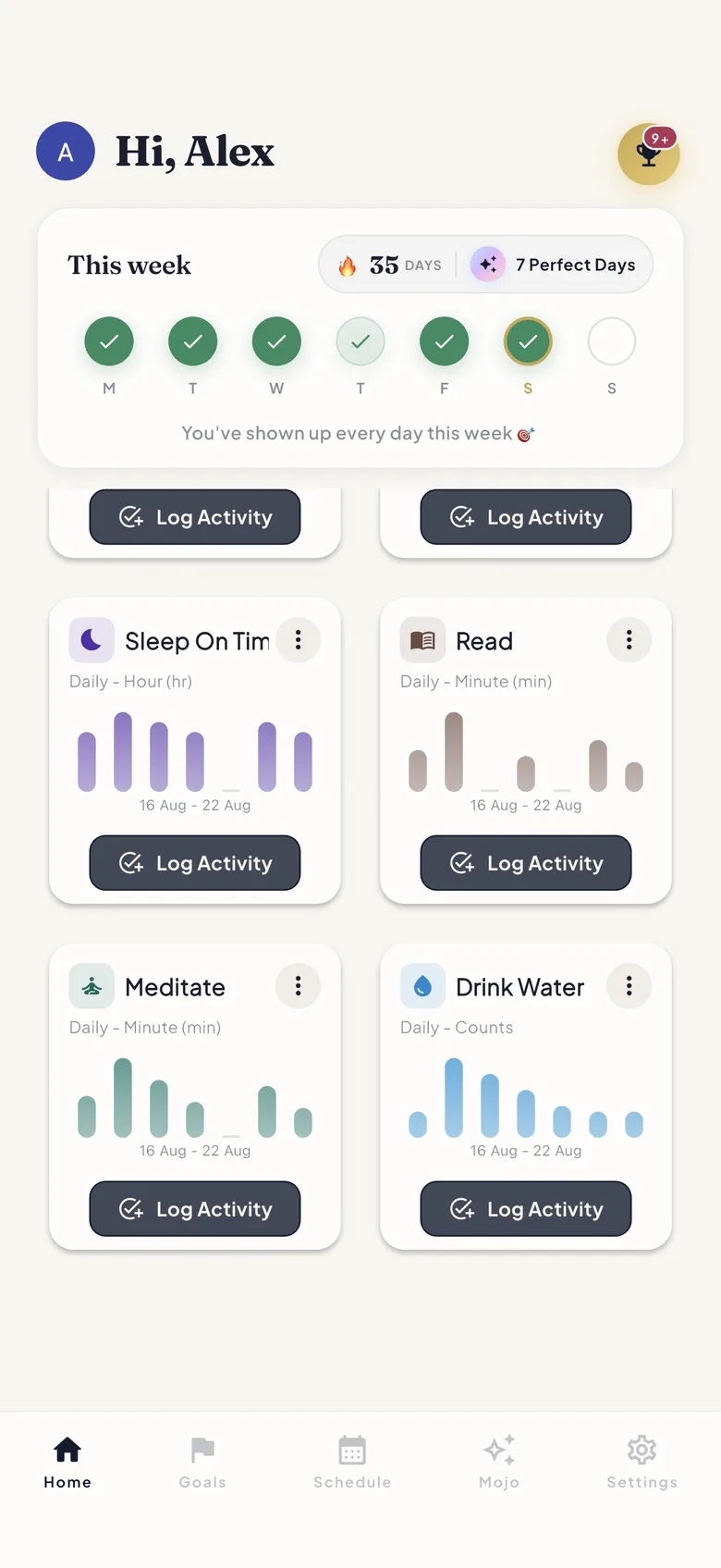 ProtoHabit home screen habit cards for Sleep On Time, Read, Meditate and Drink Water, each with a weekly bar chart and Log Activity button