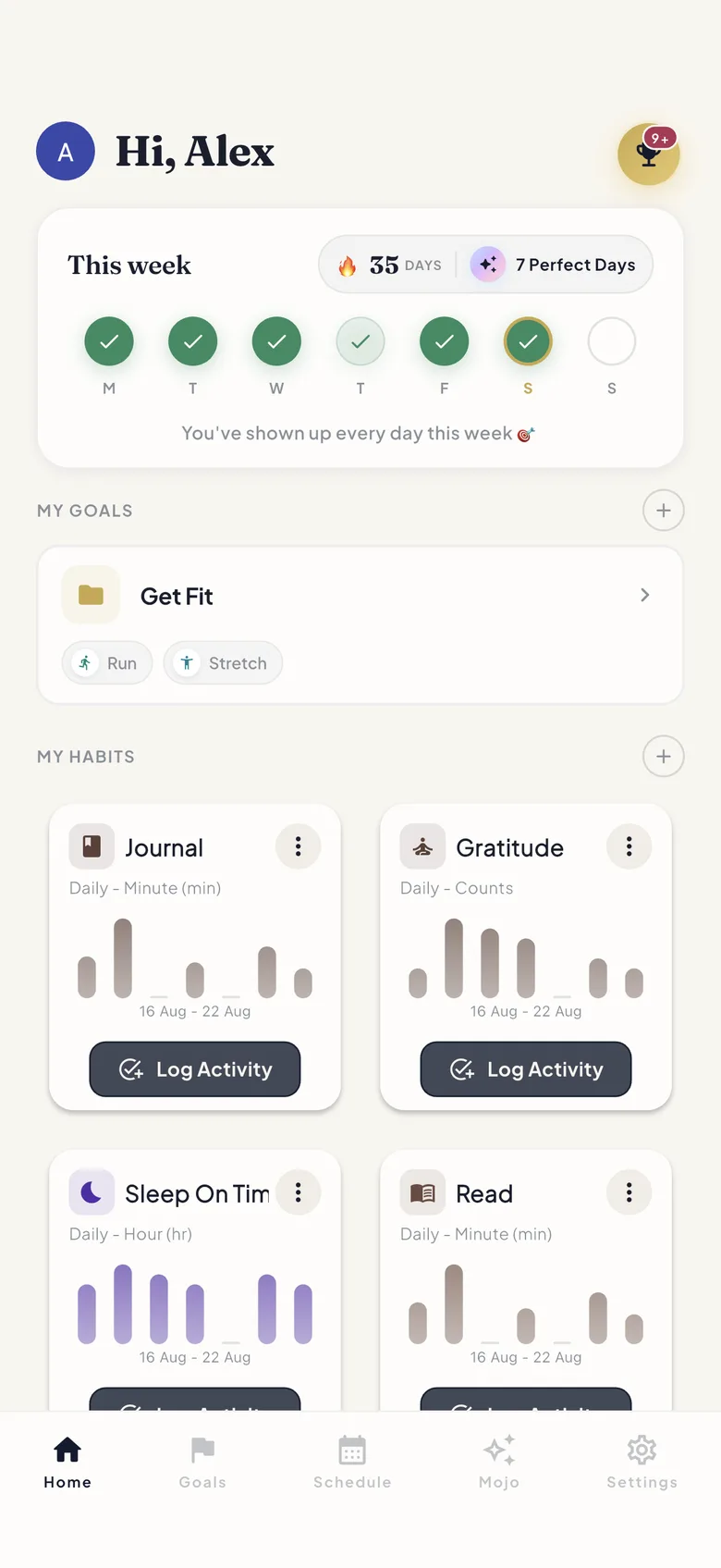 ProtoHabit home screen with the weekly consistency card, a goal folder and habit cards