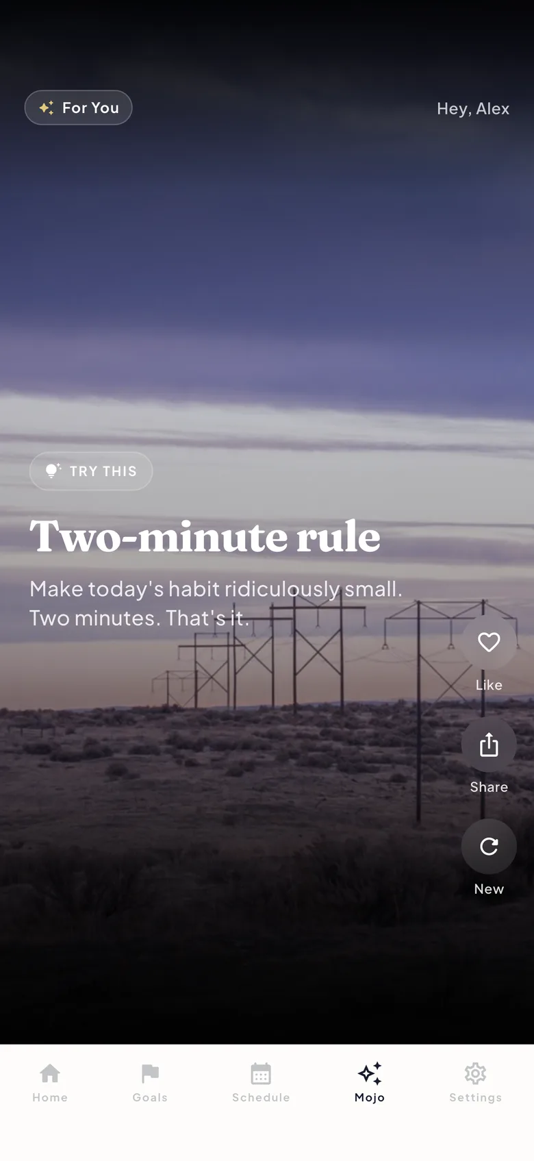 ProtoHabit Mojo feed showing a full-screen "Try this" card with the two-minute rule over a dusk landscape