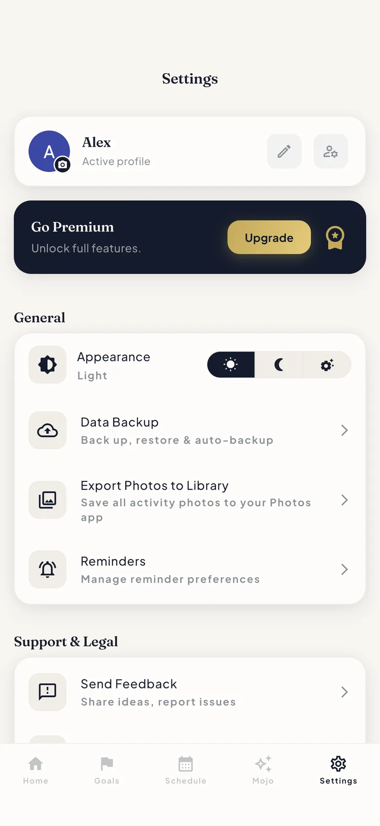 ProtoHabit Settings screen showing the active profile card with avatar, edit and manage-profiles buttons